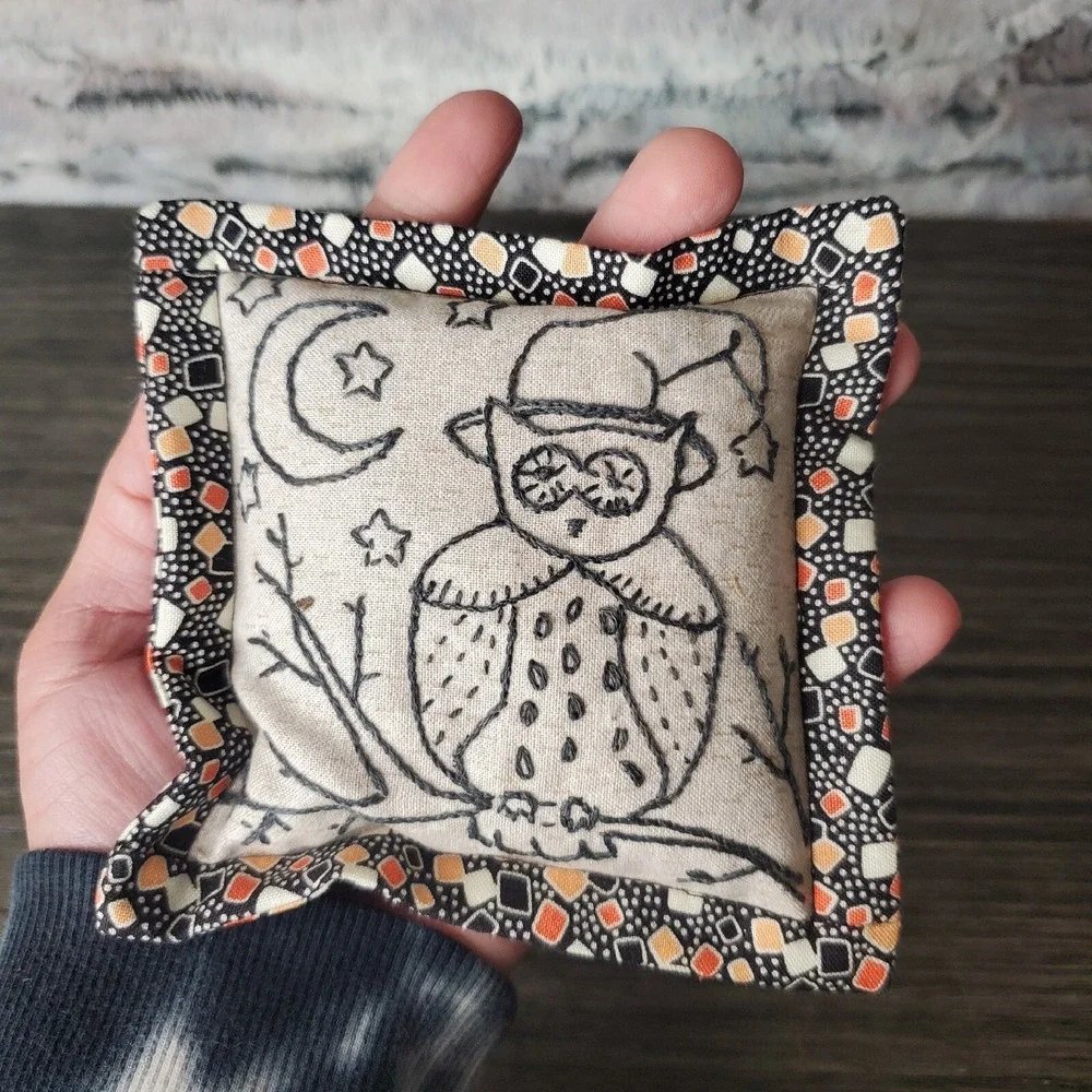 Hand Embroidered Forest Owl Bean Bag Night Time Scene Approximately 5 Inches
